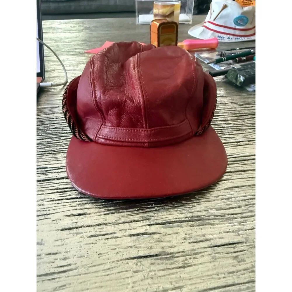 Vintage Red Leather & Side Stripe Ear Flap Hat sz 7-1/8
